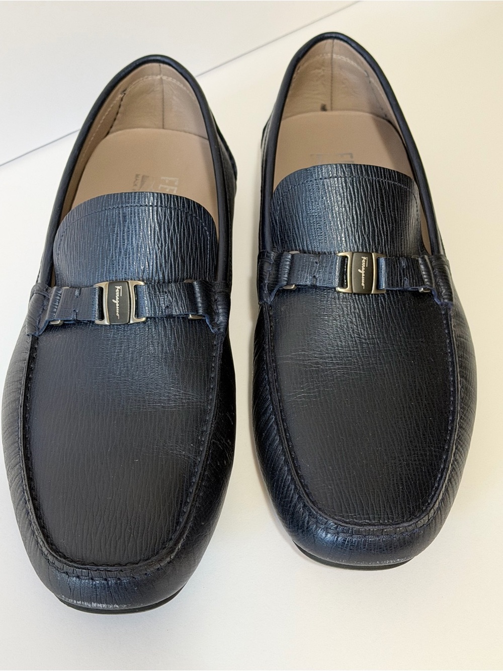 NEW Salvatore Ferragamo Gancini midnight BLUE Leather Slip-On Loafers Men’s 11